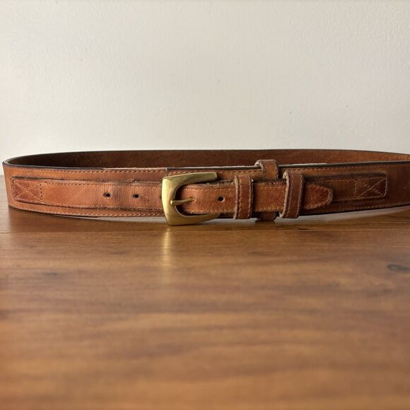 Vintage Other - VTG CABELA'S Leather Ranger Belt Sz 38 Leather Smooth Brown Brass Buckle Classic